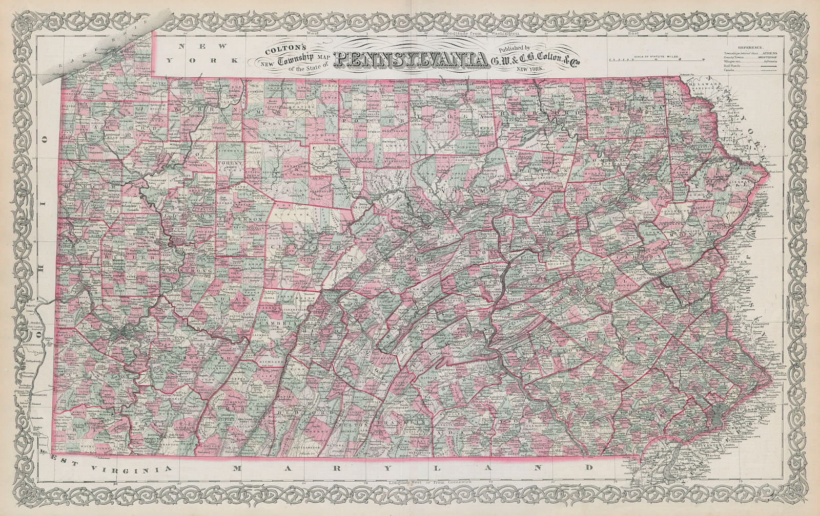 Colton's Pennsylvania. Decorative antique US state map 1869 old